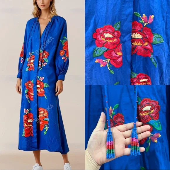 FINAL PRICE NEW NWT FARM Rio Flowerful Rio Embroidery Linen Kaftan Midi Dress - Picture 1 of 13